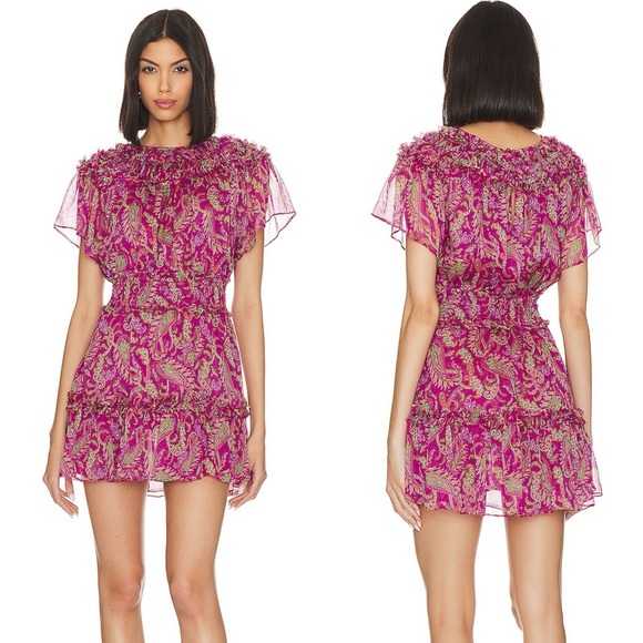 Misa Los Angeles Dresses & Skirts - MISA Los Angeles Sz XS Fuschia Paisley Chiffon Mini Dress Smocked Waist Ruffle‎